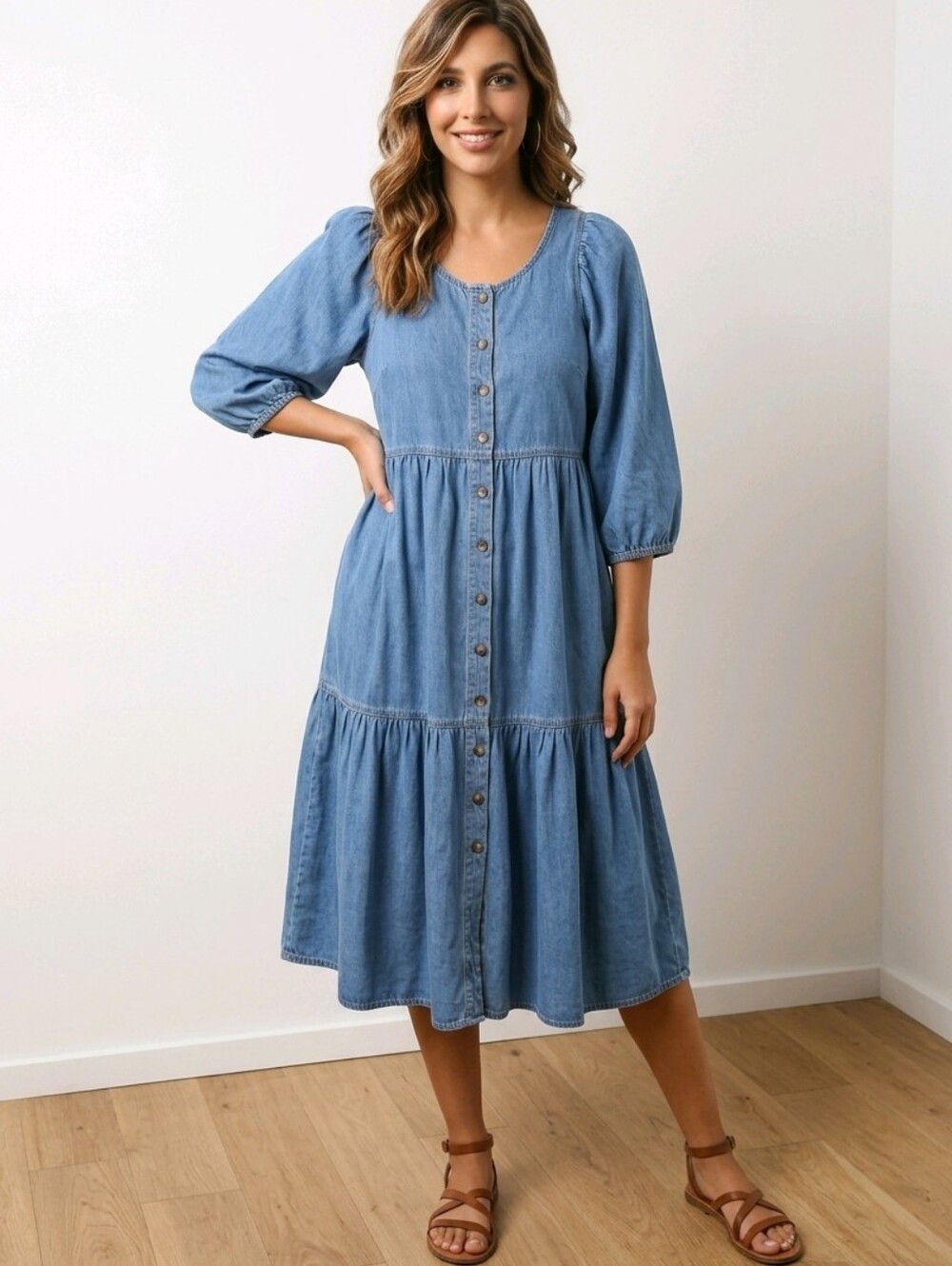 Meadows Sage Denim Button-Front Midi Dress in Blue Chambray Size 2